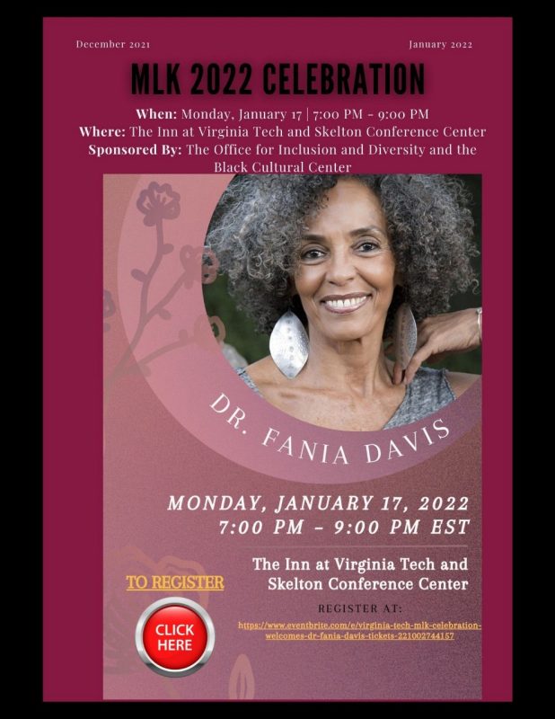 MLK 2022 Celebration Dr. Fania Davis at the Inn at Virginia Tech on January 17, 2022. Click the image to learn more.