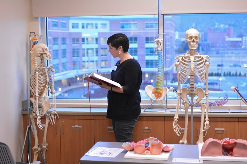 Jennifer Anderson, assistant professor of art at Hollins University, sketches a skeleton in one of the school's anatomy labs