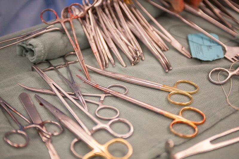 Surgical supplies used during mock amputation.
