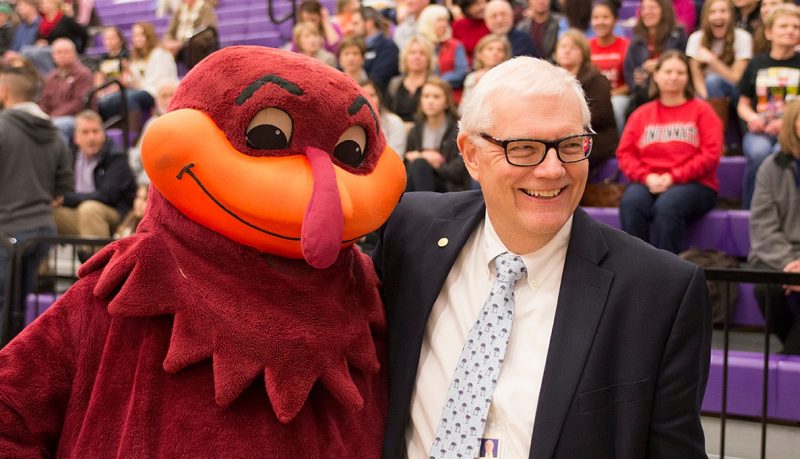 Vice Dean Dan Harrington and the Virginia Tech "Hokie Bird" hang out