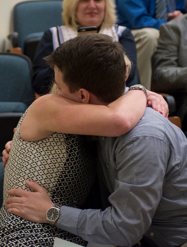 Katharine Hollnagel hugs her boyfriend Zane Giffen after learning they matched in the same residency program.