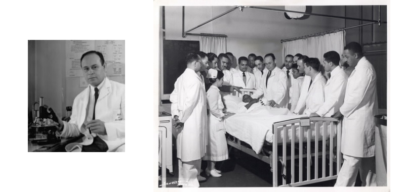 Black and white photo of Charles Drew sitting by a microscope. Hospital room scene with many medical professionals in white coats gathered around a patient's bed.