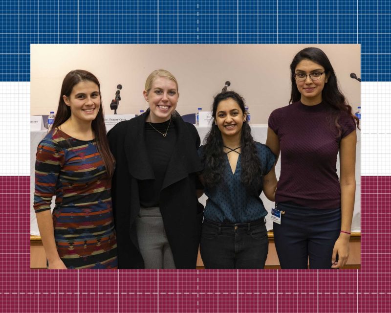 The student officers for the Group on Women in Medicine and Science at the Virginia Tech Carilion School of Medicine left to right: Lynn Stanwyck, Caroline Woods, Vrinda Shukla, and Kritika Chugh.