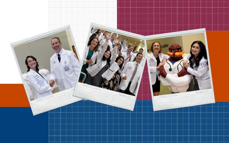 3 whitecoat polaroids: Dean Learman with a student, class of 2023 with raised arms, 2 students in white coats posing with Hokie Bird