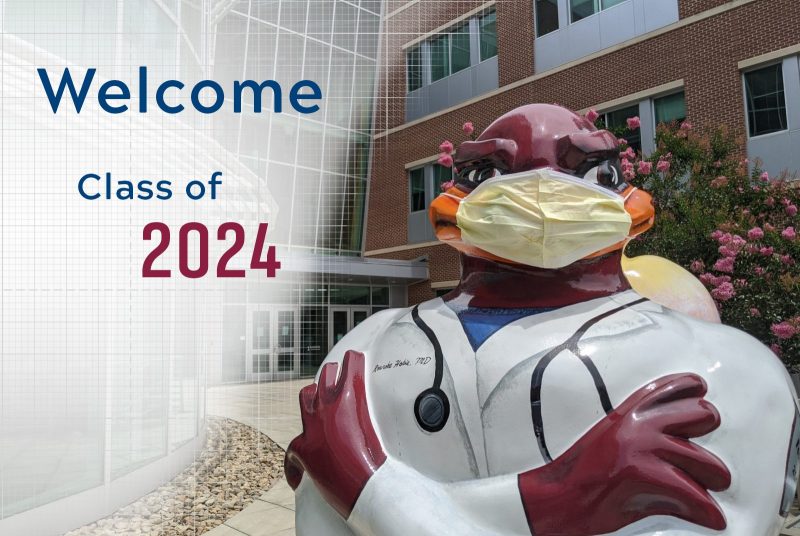 Hokie Bird in front of VTCSOM building, wearing a mask. Image states Welcome Class of 2024