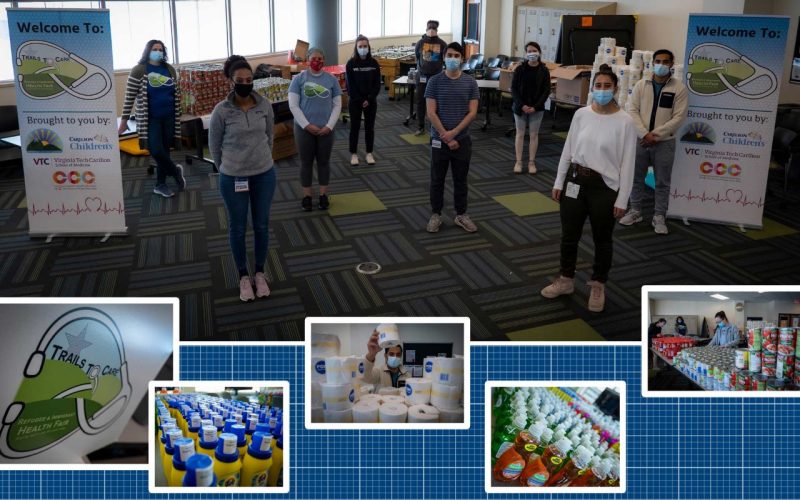 Students wearing mask, physically distanced. Collage of items collected for supply drive: shampoo, dish detergent, canned foods, toilet paper, etc.