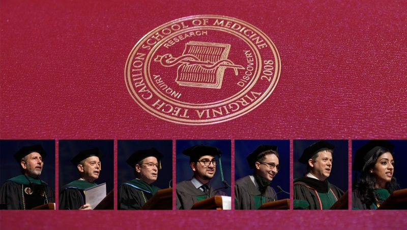 Background of diploma holder with VTCSOM seal. Below the seal, there are seven headshots, described below