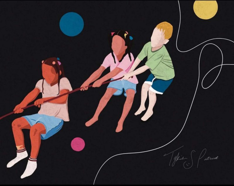 Black background. Three children of mixed races in the foreground tugging on a rope. 
