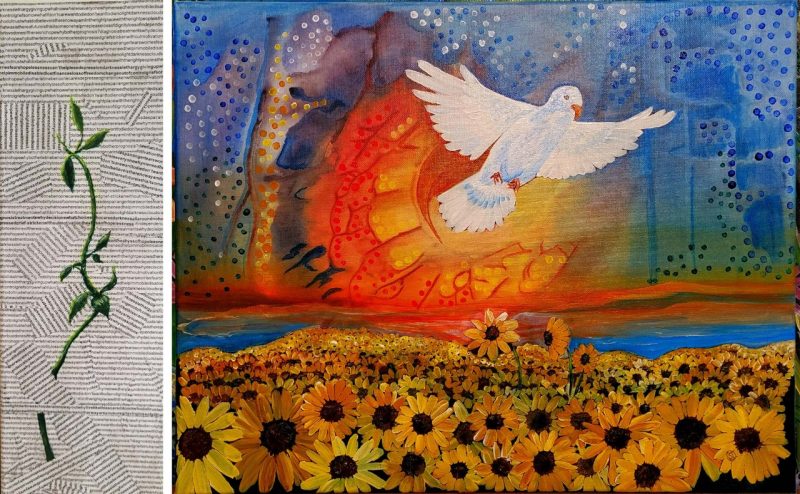 left: vertical mixed media art w/ text background and a plant in the foreground; right a brightly colored image of a dove flying over a field of sunflowers