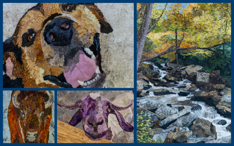 A collage of four artistic quilts depicting animals and nature scenes.