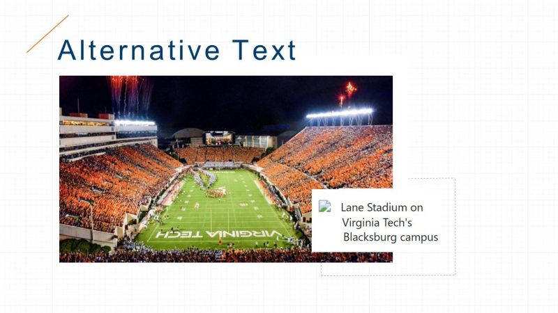 a photo of lane stadium with a graphic representation of how alternative text appears when an image is missing