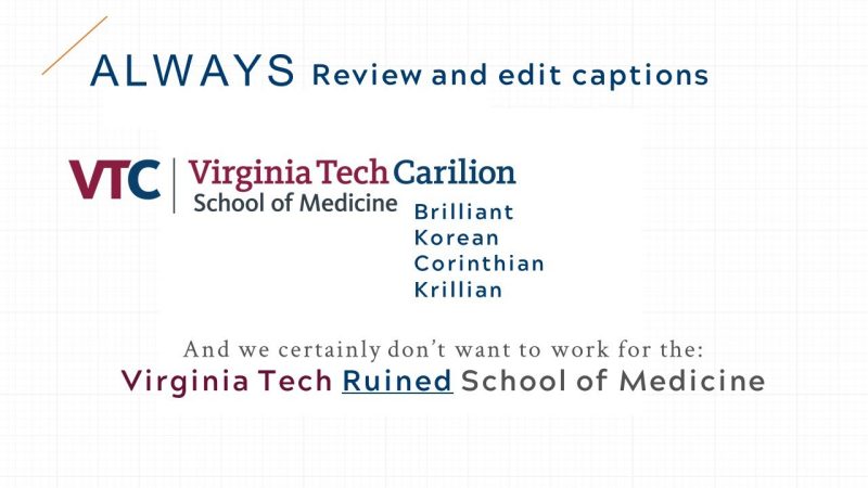 Slide shows the logo for the school with five incorrect transcriptions for Carilion: Brilliant, Korean, Corinthian, Krillian, Ruined.