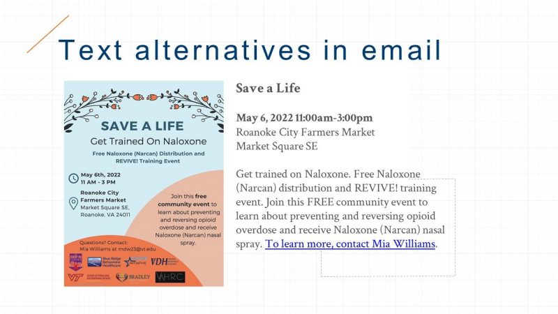 Text alternatives in email. An image of a flyer along with an example of a text equivalent. content described below.