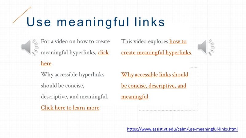 two blocks of text. one only links click here and click here to learn more. the other links how to create meaningful links and why accessible links should be concise, descriptive, and meaningful.