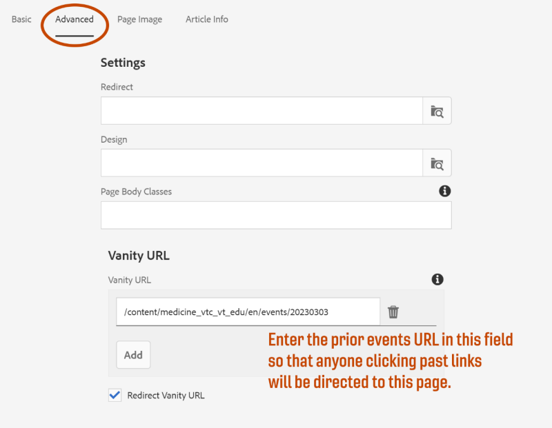 Advanced screen showing two headings: Settings and Vanity URL.