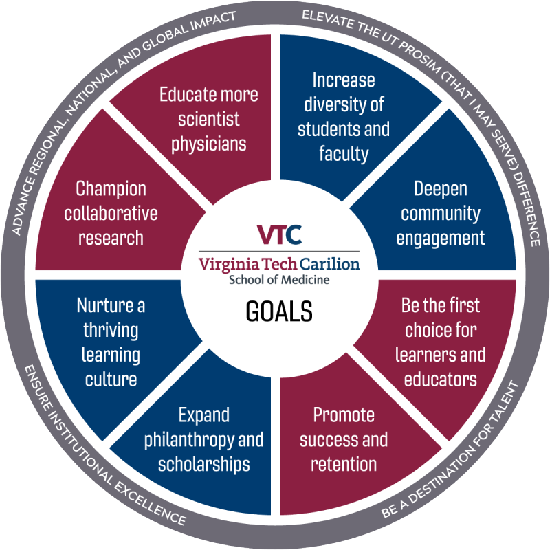 Strategic Plan represented in a circle with eight segments for each of the goals presented below. Surrounding the circle segments is a grey border circle with the four Virginia Tech strategic areas of focus described below