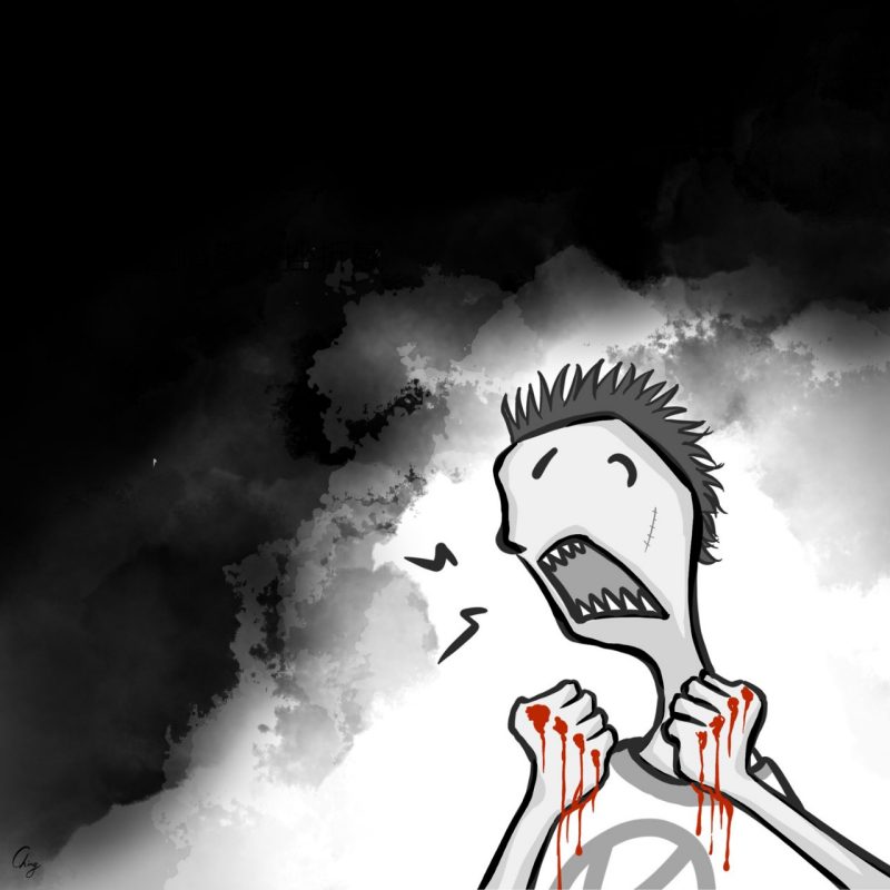 black and white illustration of someone yelling. the person has bloodied knuckles.