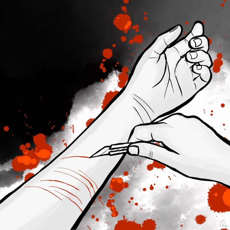 a black and white illustration of someone making shallow cuts on their wrist. spot colors of red signify blood. 