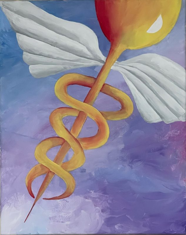 a gold symbol of medicine with wings on a purple background