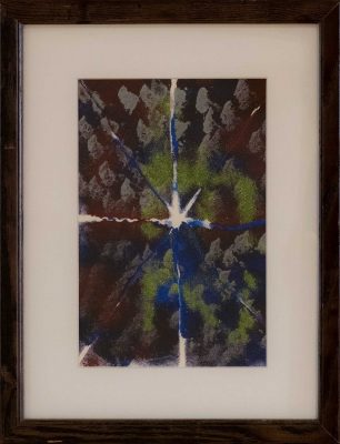 black background, grey brush strokes, covered by a green swirl. White lines drawn vertically, horizontally, and diagonally to split the canvas into 6 pieces, blue paint covering portions of the white dissecting lines