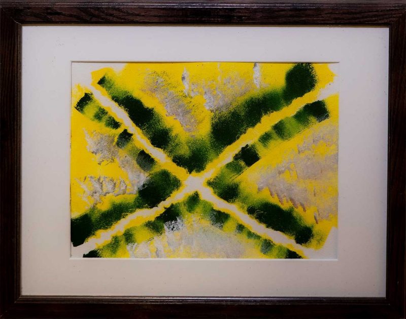 yellow background with a green and yellow striped cross diagonally across the page