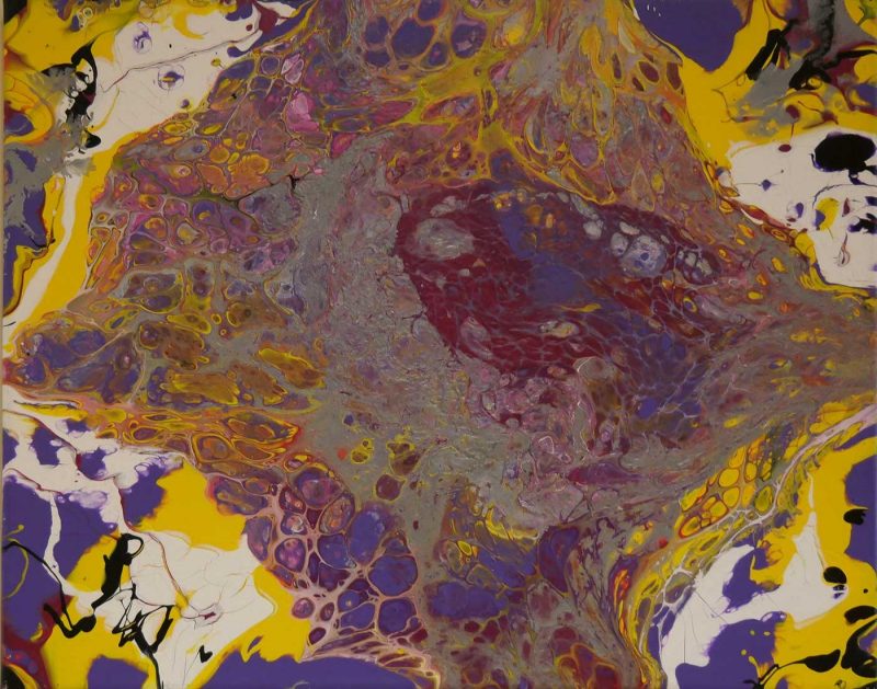 marbled effect with purples and yellows on the outside with a mix of colors in the center