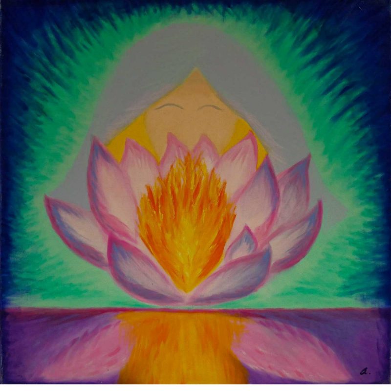 lotus flower with a flame. in the background a long haired person.