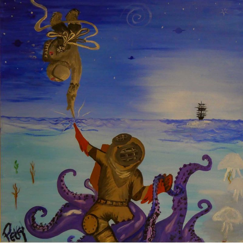 under water, a diver rides an astronaut. above the water a diver upside down, a ship in the distant background