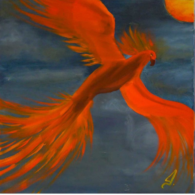 orange colored phoenix flying toward the sun