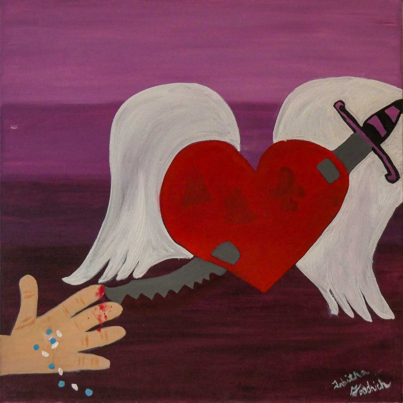 a knife piercing a heart with angel wings, a bleeding hand with pills