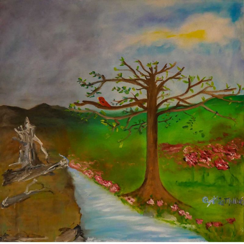 depiction of desolate area on the left, then a creek, with a full color image of a bird in a tree and green grass