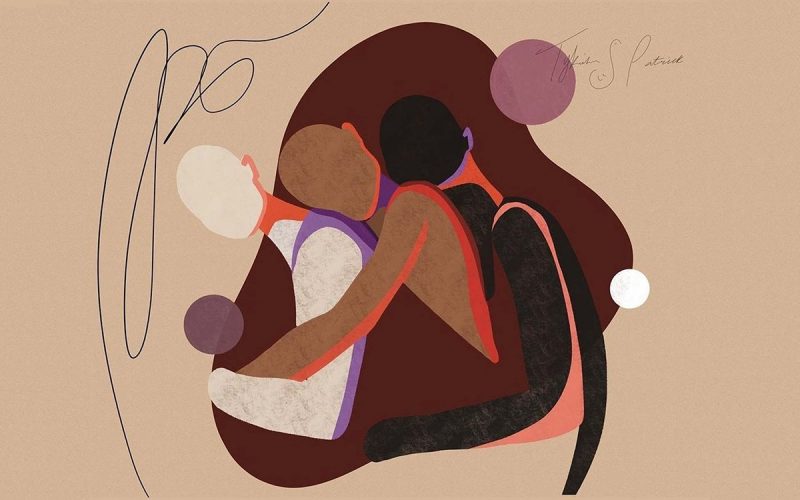 an abstract depiction of three people: white, brown, and black in an embrace