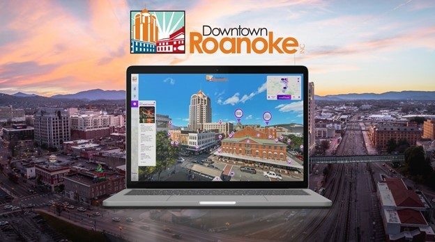 Image contains a graphic of a laptop on top of the image of downtown Roanoke. 