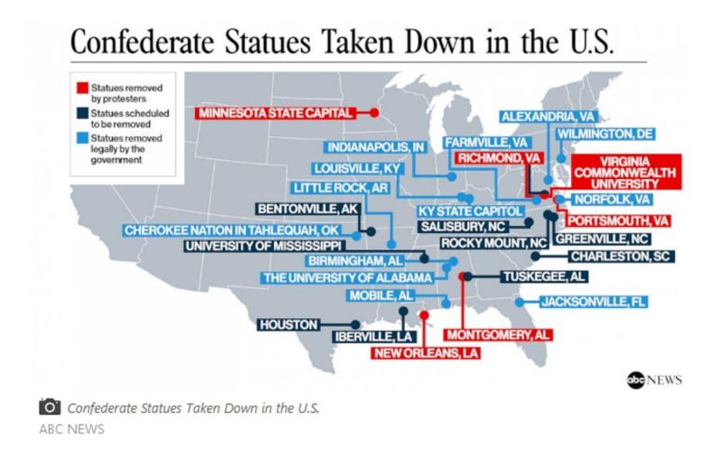 A map showing 6 locations in the United States where the statues were removed by protesters; 13 locations where the statues were legally removed by the government; and 9 locations where the statues are scheduled to be removed. 