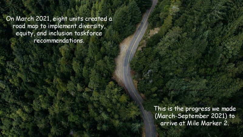 On March 2021, eight units created a road map to implement diversity, equity, and inclusion task force recommendations. This is the progress we made March - September 2021 to arrive at Mile Marker 2. Background shows an aerial view of a road winding through a forest