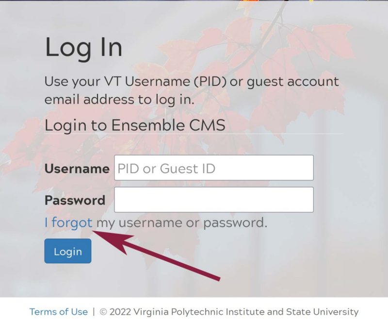 Virginia Tech login screen. An arrow is pointing to the link "I forgot" part of the "I forgot my username or password" statement.