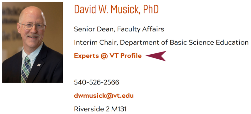 On the employee directory page, the Experts @ VT link appears below the title of the individual. 