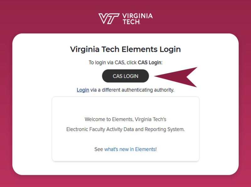 Use the CAS LOGIN button to log into Elements
