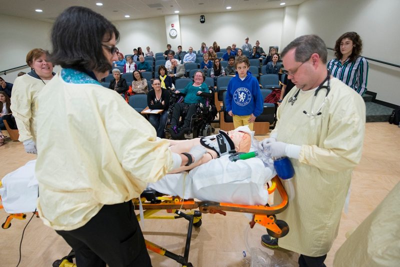 Educators at the Virginia Tech Carilion School of Medicine demonstrate a trauma situation