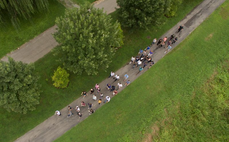 An aerial view of the tour as it makes its way along the Roanoke River Greenway.