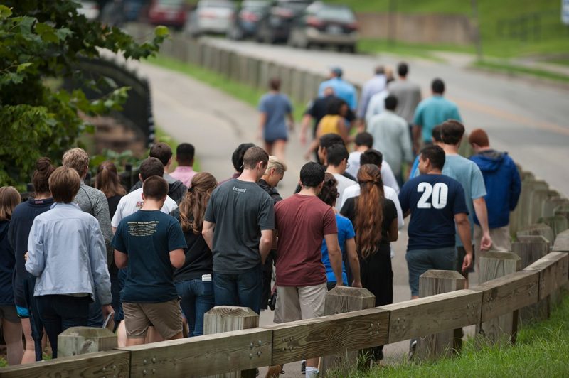 First-year medical students walk along the Roanoke River Greenway during the third annual Public Health Walk.