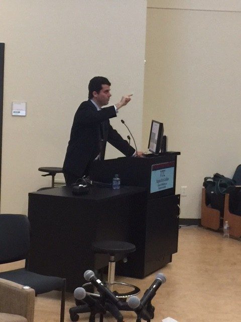 Dr. Gustavo Pinto speaks about infectious diseases, with a focus on the Zika virus, during a lecture at Virginia Tech Carilion School of Medicine.