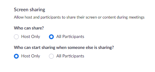 Screenshot of screen sharing screen showing a checked box to allow all participants to share, and a checked box for the host can start sharing when anyone else is sharing