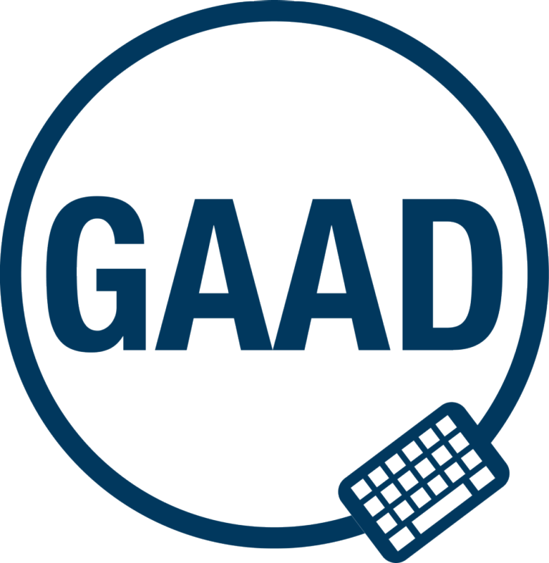 GAAD logo - the letters in a circle with a keyboard in the bottom left
