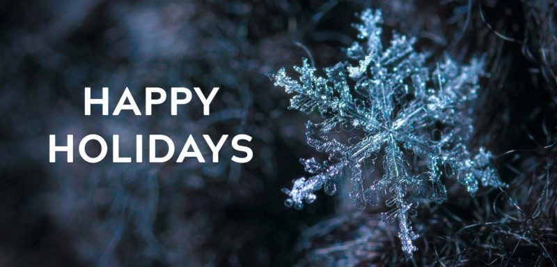 Dark blue background with a spotlight snowflake. Message: Happy Holidays