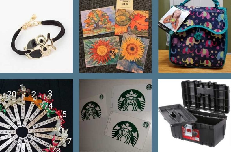 collage of six items in the VTCSOM store: owl bracelet, painted notecards, elephant purse, VTCSOM christmas ornaments, starbucks giftcards, toolbox
