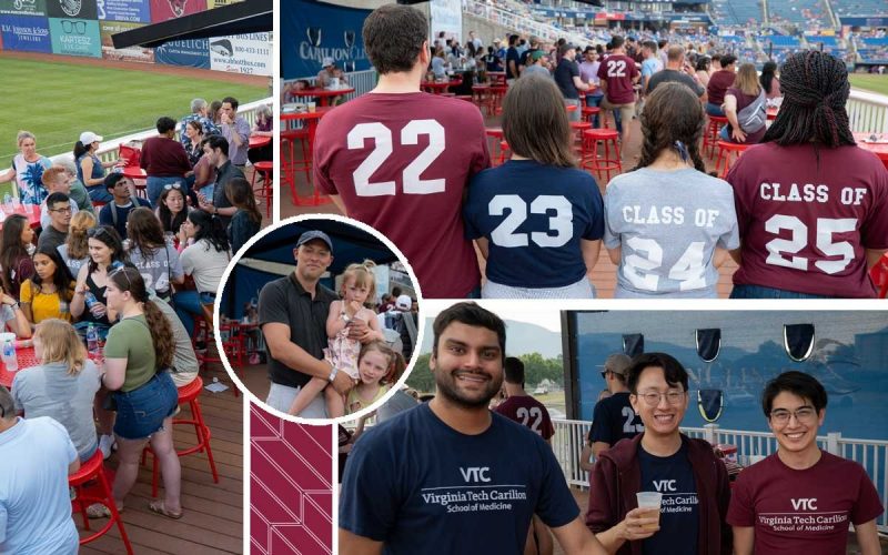 Four images from the Salem Red Sox game: left candid group shot of students interacting; top right four people lined up with their backs to the camera wearing class of 22, 23, 24, 25 shirts; bottom right: three VTCSOM students smiling; center, assistant dean Brock Mutcheson and his children