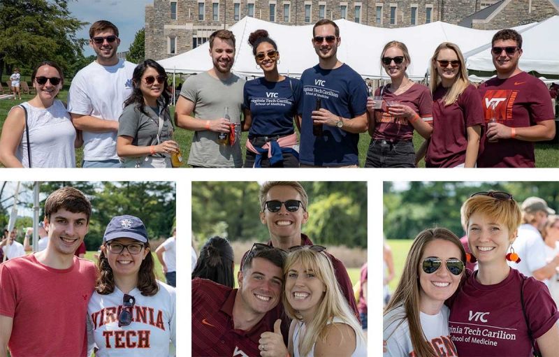 Collage of four photos from the tailgate. Top: group shot with 9 people; bottom row with three photos: two people smiling, three people smiling, two people smiling