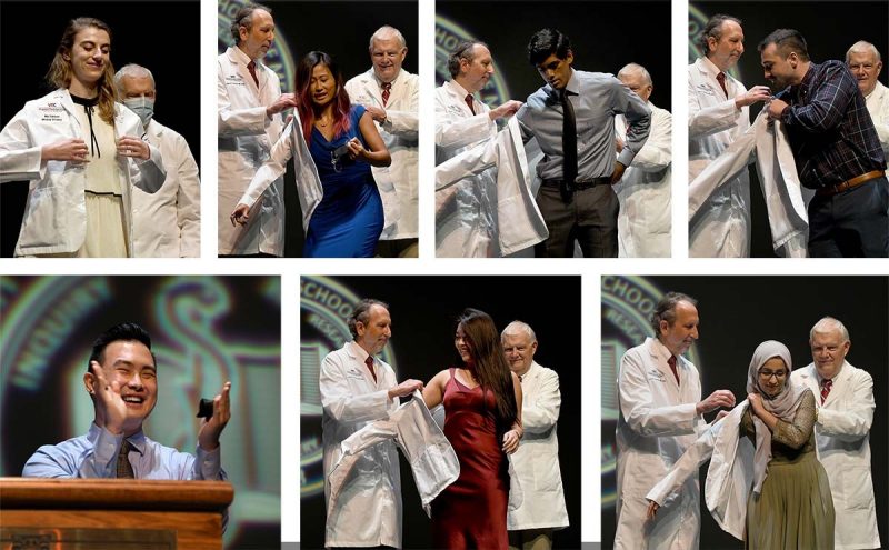 Collage of students donning their white coats with the help of Dean Lee Learman and Vice Dean Dan Harrington