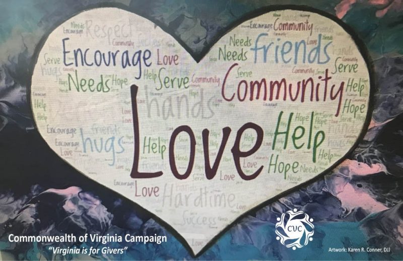 Commonwealth of Virginia Campaign "Virginia is for Givers" A word cloud inside a heart with the most prominent words being Love, Community, Help, Friends, Encourage,